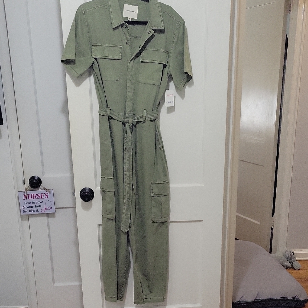 Sage Green Jumpsuit with Belted Waist and Notched Collar, Cargo Pockets,